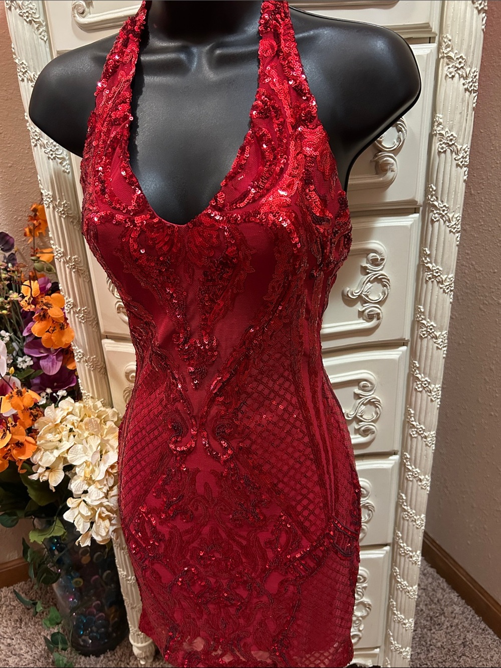 Red Sequin Halter Homecoming Dress -